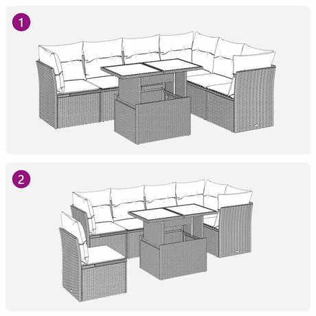 7 Piece Garden Sofa Set With Cushions Black Poly Rattan Acacia