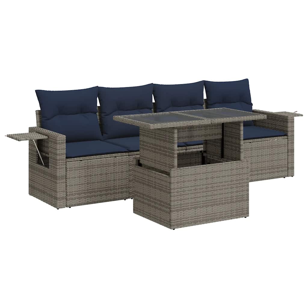 5 Piece Garden Sofa Set With Cushions Black Poly Rattan Acacia