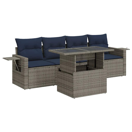 5 Piece Garden Sofa Set With Cushions Black Poly Rattan Acacia