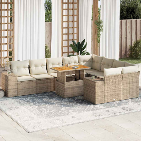 10 Piece Garden Sofa Set With Cushions Black Poly Rattan Acacia