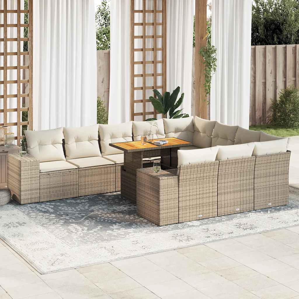10 Piece Garden Sofa Set With Cushions Black Poly Rattan Acacia