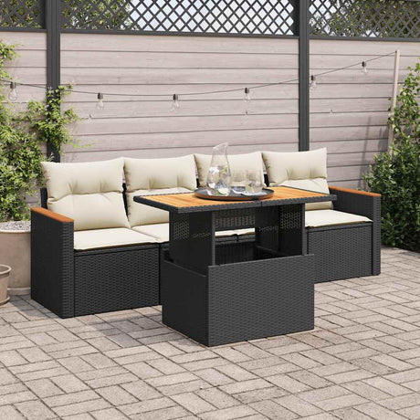 5 Piece Garden Sofa Set With Cushions Beige Poly Rattan Acacia