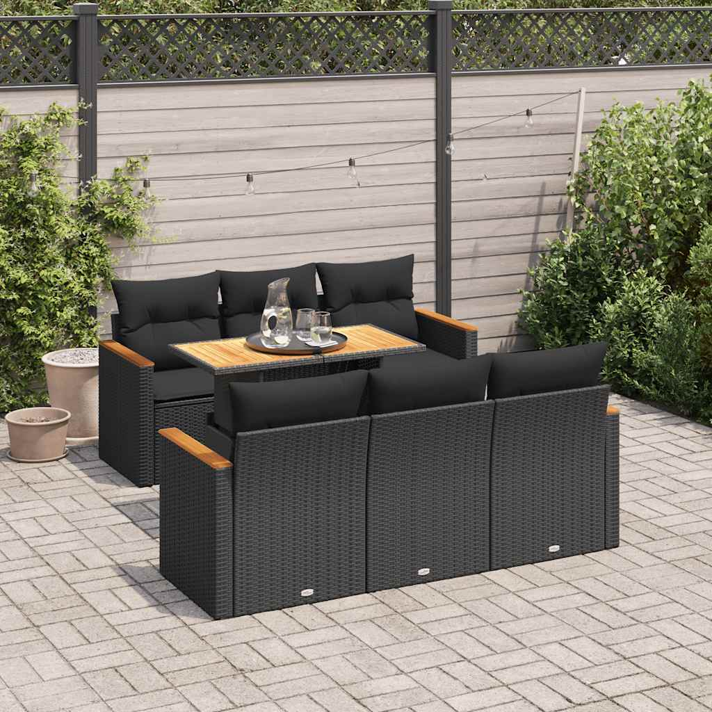 7 Piece Garden Sofa Set With Cushions Black Poly Rattan Acacia