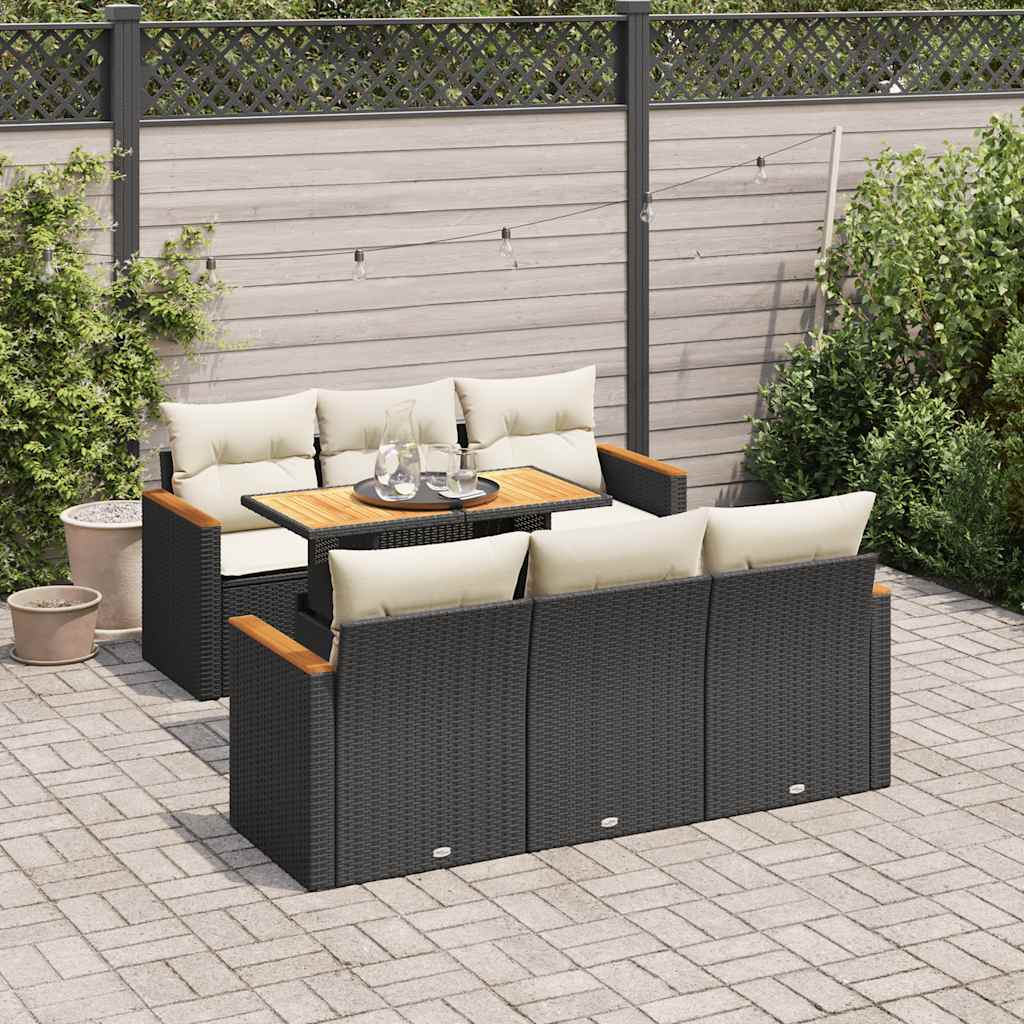 7 Piece Garden Sofa Set With Cushions Black Poly Rattan Acacia