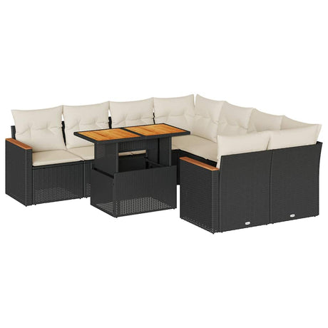 9 Piece Garden Sofa Set With Cushions Black Poly Rattan Acacia