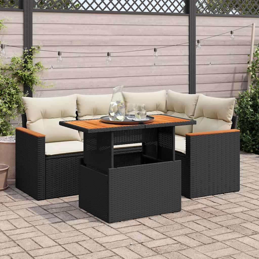 5 Piece Garden Sofa Set With Cushions Poly Rattan Acacia