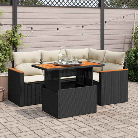 5 Piece Garden Sofa Set With Cushions Poly Rattan Acacia