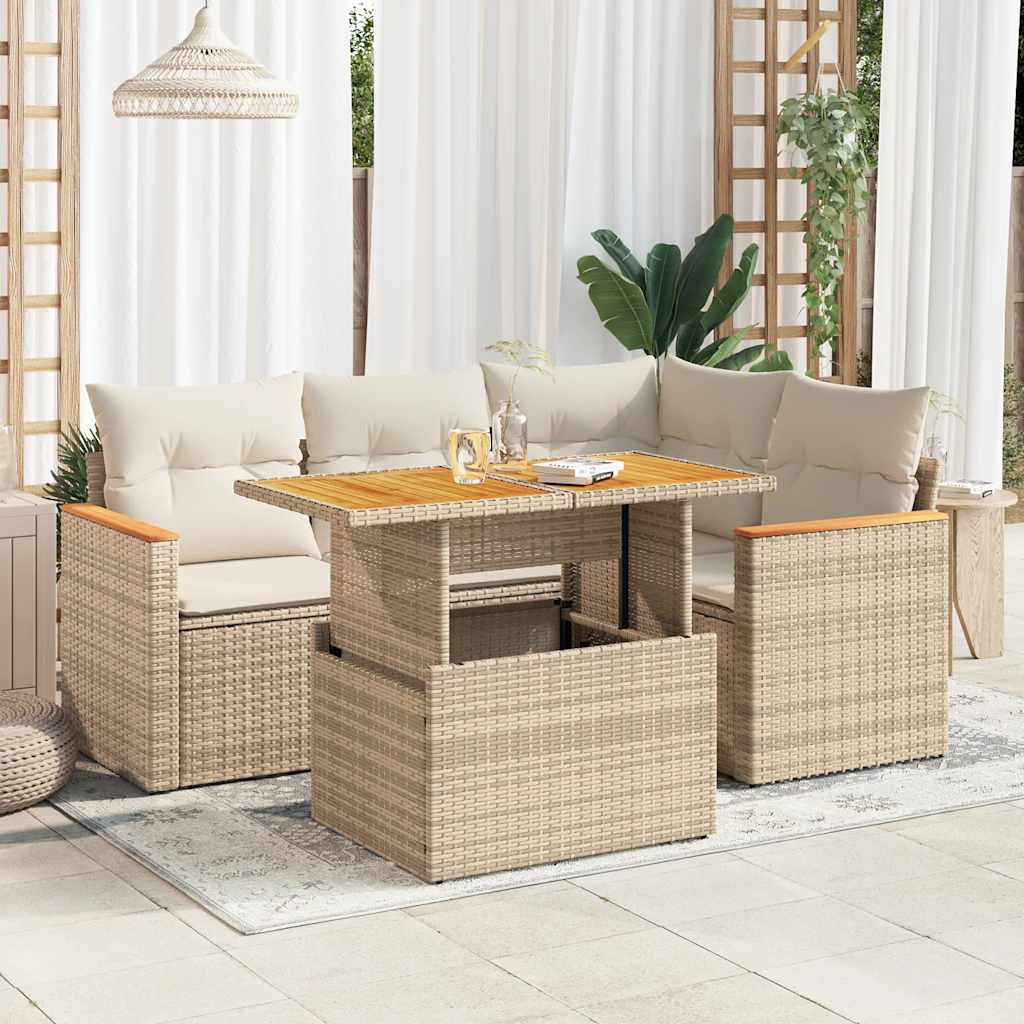 5 Piece Garden Sofa Set With Cushions Poly Rattan Acacia