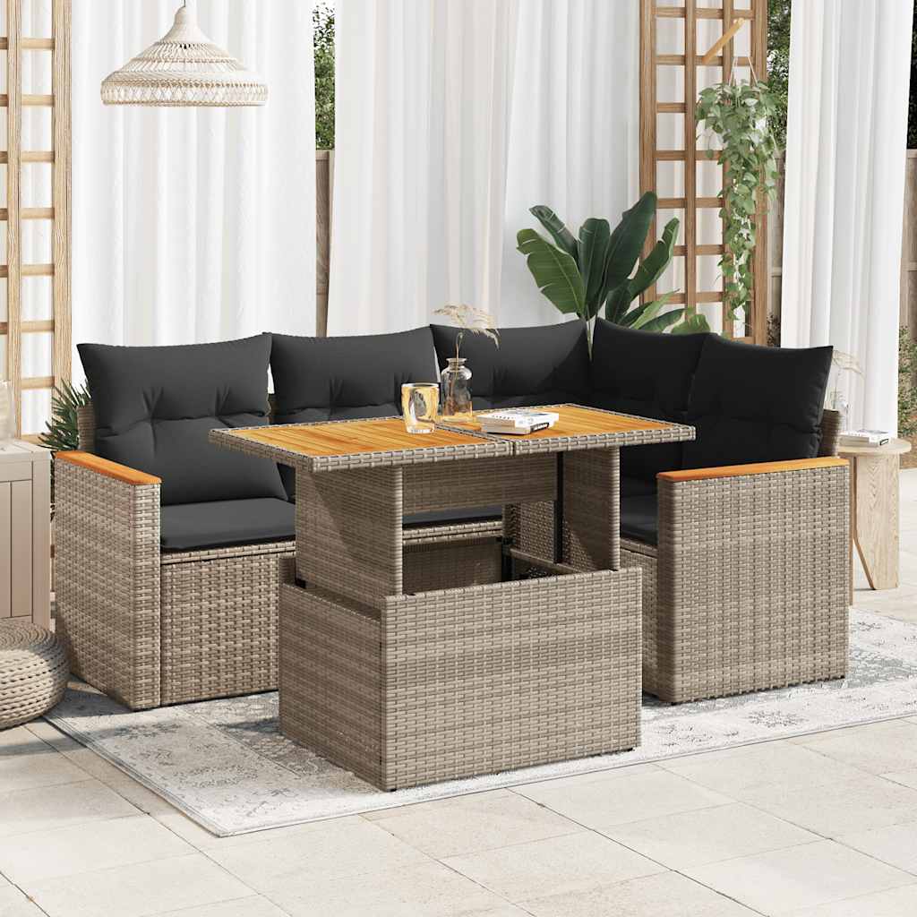 5 Piece Garden Sofa Set With Cushions Poly Rattan Acacia