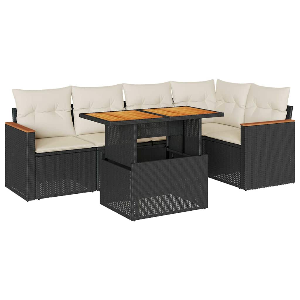 5 Piece Garden Sofa Set With Cushions Black Poly Rattan Acacia