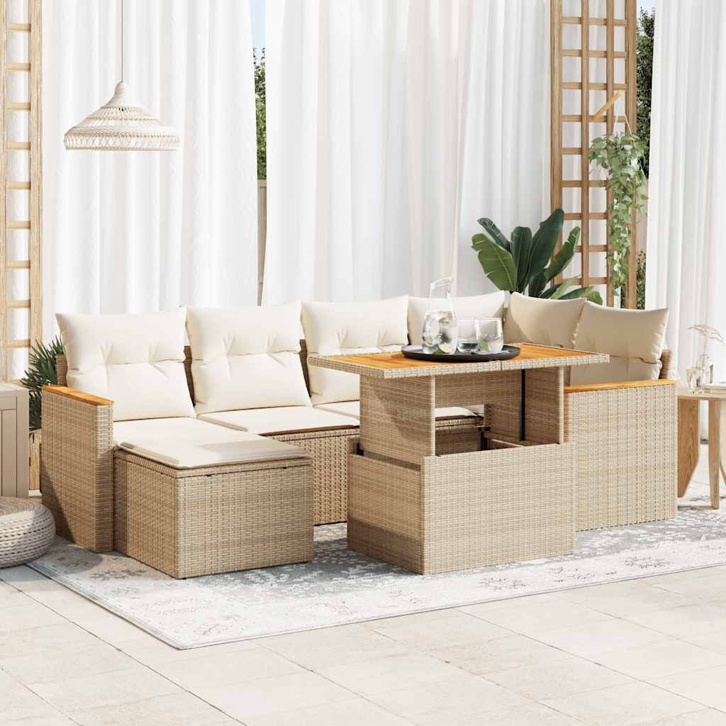 7 Piece Garden Sofa Set With Cushions Poly Rattan Acacia