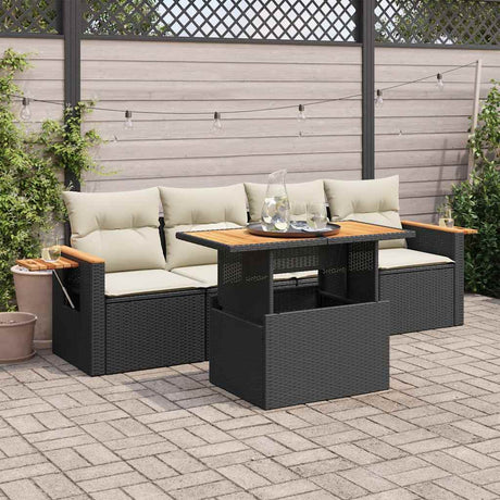 5 Piece Garden Sofa Set With Cushions Beige Poly Rattan Acacia