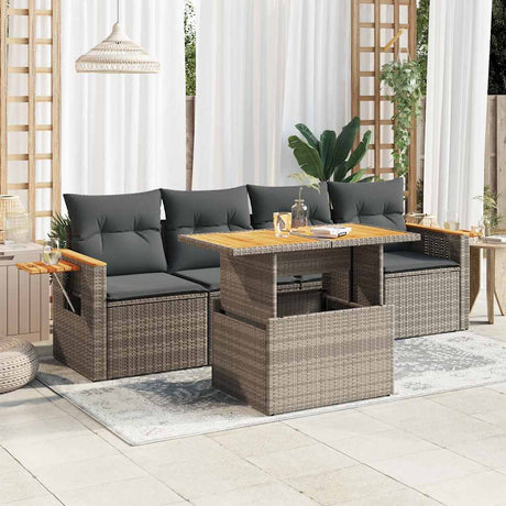 5 Piece Garden Sofa Set With Cushions Beige Poly Rattan Acacia