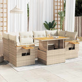7 Piece Garden Sofa Set With Cushions Beige Poly Rattan Acacia