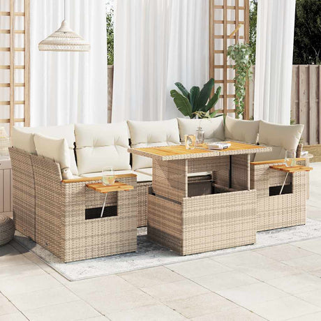 7 Piece Garden Sofa Set With Cushions Beige Poly Rattan Acacia