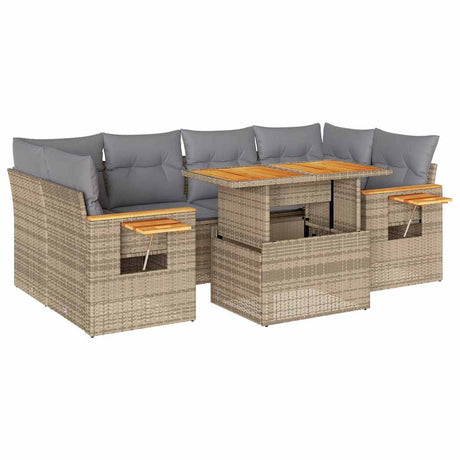7 Piece Garden Sofa Set With Cushions Beige Poly Rattan Acacia