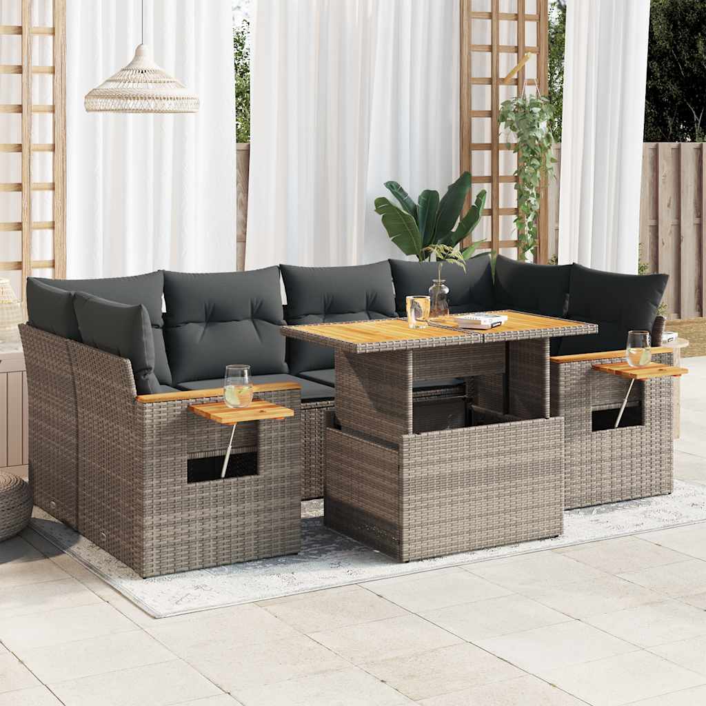 7 Piece Garden Sofa Set With Cushions Beige Poly Rattan Acacia