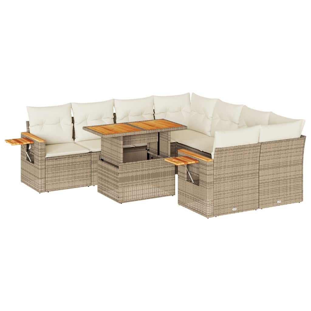 9 Piece Garden Sofa Set With Cushions Beige Poly Rattan Acacia