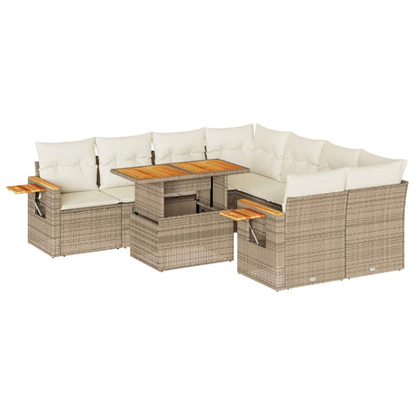 9 Piece Garden Sofa Set With Cushions Beige Poly Rattan Acacia