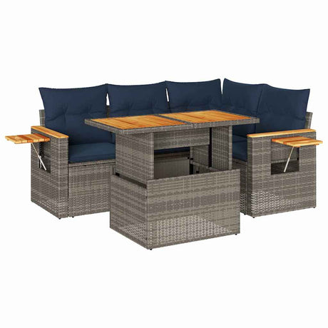 5 Piece Garden Sofa Set With Cushions Poly Rattan Acacia