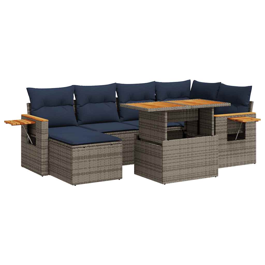 7 Piece Garden Sofa Set With Cushions Black Poly Rattan Acacia