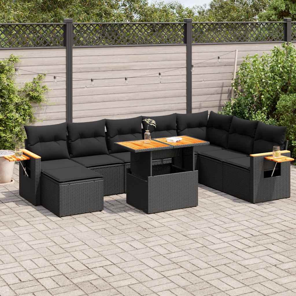 9 Piece Garden Sofa Set With Cushions Poly Rattan Acacia