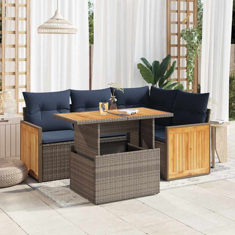 5 Piece Garden Sofa Set With Cushions Poly Rattan Acacia