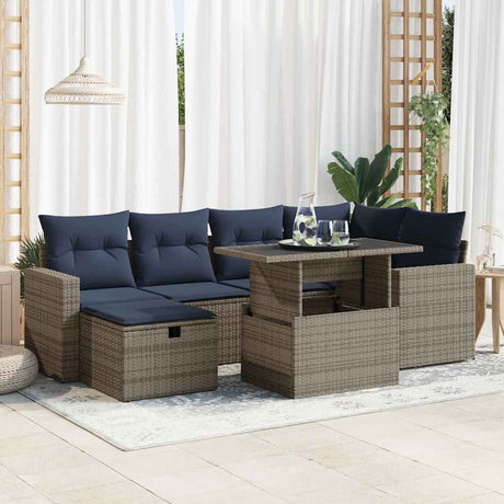 7 Piece Garden Sofa Set With Cushions Black Poly Rattan Acacia
