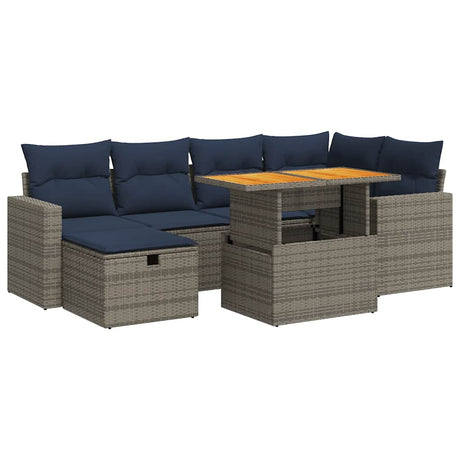 7 Piece Garden Sofa Set With Cushions Black Poly Rattan Acacia