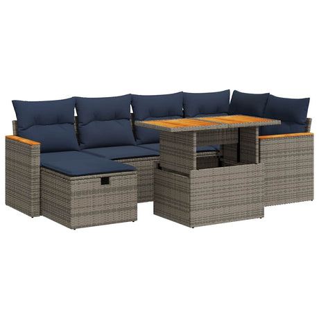 7 Piece Garden Sofa Set With Cushions Black Poly Rattan Acacia