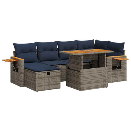 7 Piece Garden Sofa Set With Cushions Black Poly Rattan Acacia