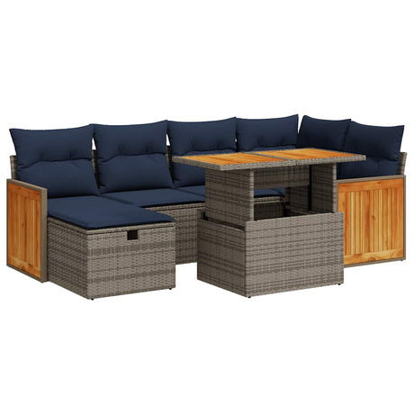 7 Piece Garden Sofa Set With Cushions Black Poly Rattan Acacia