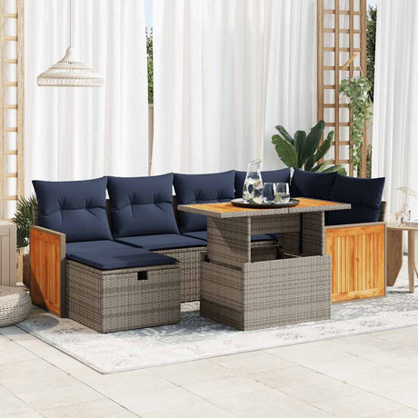 7 Piece Garden Sofa Set With Cushions Black Poly Rattan Acacia