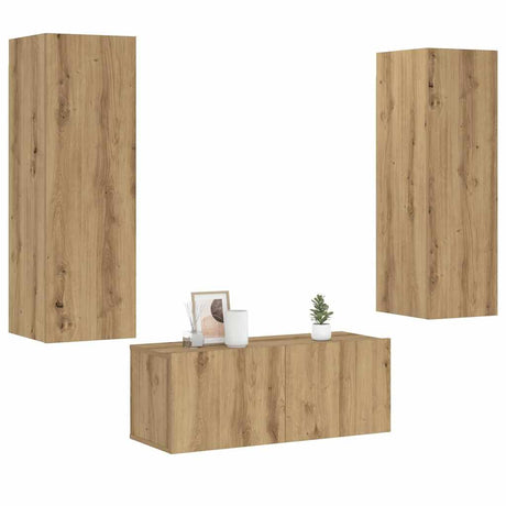 3 Piece Tv Cabinet Set Wall-Mounted Engineered Wood,  Tv Stand 80X30X30 Cm Made Of Engineered Wood,  Wall-Mounted Tv Cabinets - 2 Pcs , 30.5X30X90 Cm, Made From Engineered Wood