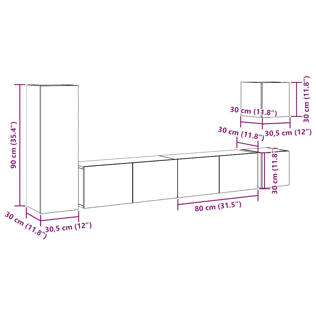 5 Piece Tv Cabinet Set Wall-Mounted Artisan Oak Engineered Wood