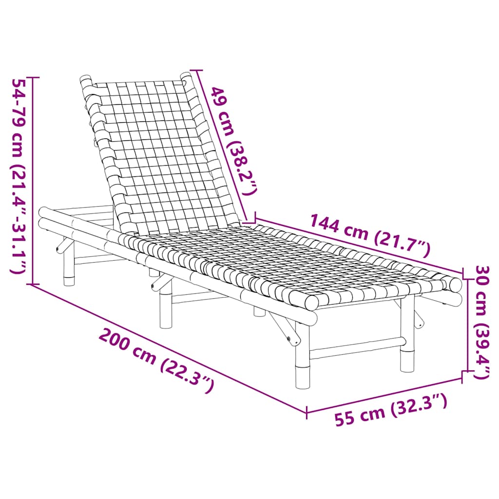 Sun Lounger With Black Woven Webbing 55X200X30 Cm Bamboo
