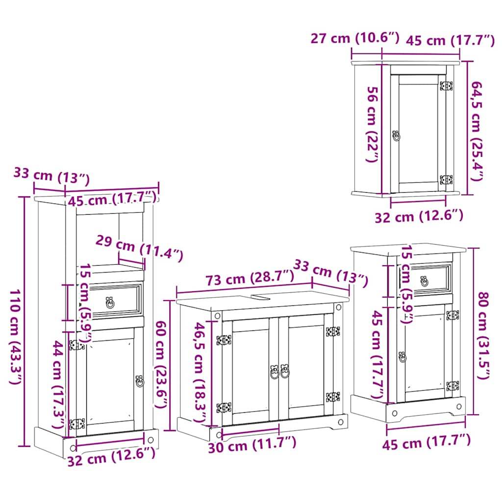 4 Piece Bathroom Furniture Set Corona Solid Wood Pine