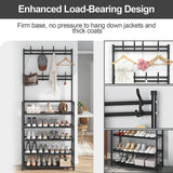 Metal Coat Rack with Shoe Storage - 8 Hooks, 5-Tier Shelf, Modern Hallway Organizer