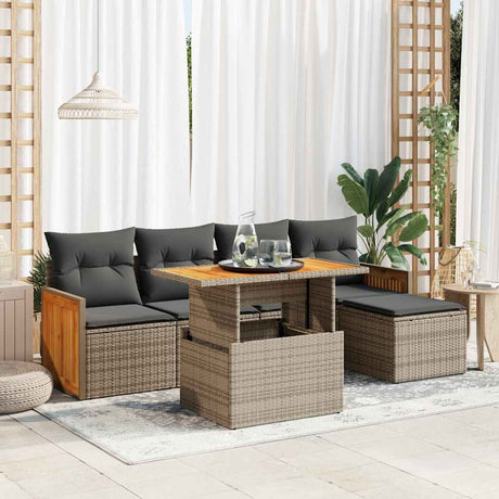 6 Piece Garden Sofa Set with Cushions Beige Poly Rattan Acacia