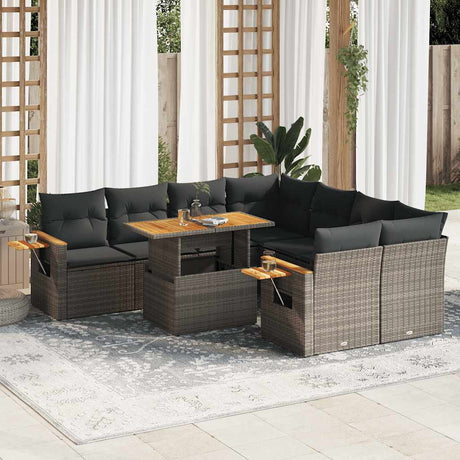 9 Piece Garden Sofa Set with Cushions Beige Poly Rattan Acacia