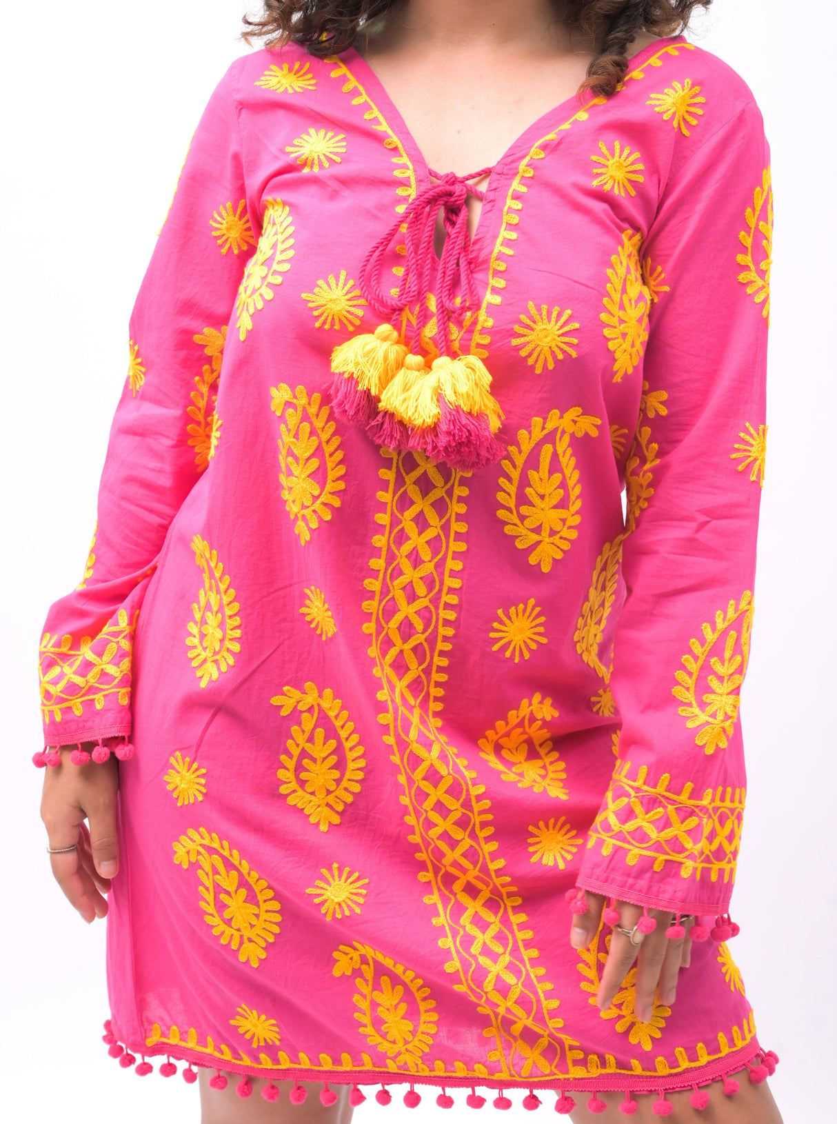 Tropical Oasis Pink Kaftan Cover-Up Dress with Vibrant Yellow Embroidery - Breathing Soul
