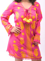 Tropical Oasis Pink Kaftan Cover-Up Dress with Vibrant Yellow Embroidery - Breathing Soul