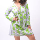 Forest Muse Grey Kaftan Cover-Up Dress with Handmade Green Embroidery - Breathing Soul