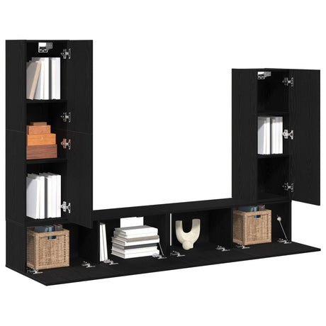 4 Piece Tv Cabinet Set Wall-Mounted Black Oak Engineered Wood