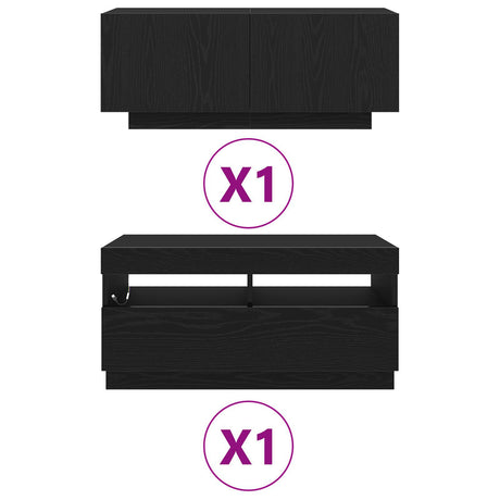 Tv Cabinet With Led Lights In Black Oak - 180X35X40 Cm, Made Of Engineered Wood