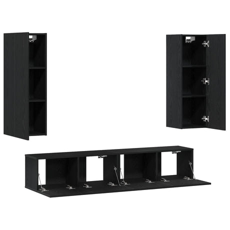4 Piece Tv Cabinet Set Wall-Mounted Black Oak Engineered Wood,  Black Oak Tv Stand 80X30X30 Cm Made Of Engineered Wood,  Wall-Mounted Tv Cabinets - 2 Pcs Black Oak, 30.5X30X90 Cm, Made From Engineered Wood