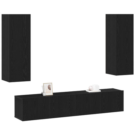 4 Piece Tv Cabinet Set Wall-Mounted Black Oak Engineered Wood,  Black Oak Tv Stand 80X30X30 Cm Made Of Engineered Wood,  Wall-Mounted Tv Cabinets - 2 Pcs Black Oak, 30.5X30X90 Cm, Made From Engineered Wood