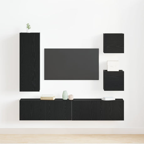 6 Piece Tv Cabinet Set Black Oak Engineered Wood,  Wall Mounted Tv Cabinets 2 Pcs Black Oak 30.5X30X30 Cm,  Wall-Mounted Tv Cabinet In Black Oak - 30.5X30X90 Cm, Made Of Engineered Wood,  Black Oak Tv Stand 80X30X30 Cm Made Of Engineered Wood
