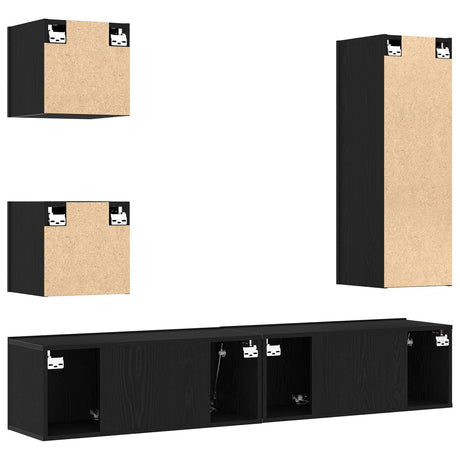 6 Piece Tv Cabinet Set Black Oak Engineered Wood,  Wall Mounted Tv Cabinets 2 Pcs Black Oak 30.5X30X30 Cm,  Wall-Mounted Tv Cabinet In Black Oak - 30.5X30X90 Cm, Made Of Engineered Wood,  Black Oak Tv Stand 80X30X30 Cm Made Of Engineered Wood