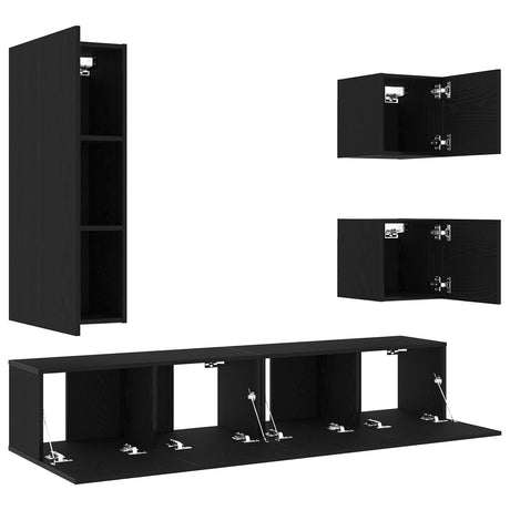 6 Piece Tv Cabinet Set Black Oak Engineered Wood,  Wall Mounted Tv Cabinets 2 Pcs Black Oak 30.5X30X30 Cm,  Wall-Mounted Tv Cabinet In Black Oak - 30.5X30X90 Cm, Made Of Engineered Wood,  Black Oak Tv Stand 80X30X30 Cm Made Of Engineered Wood